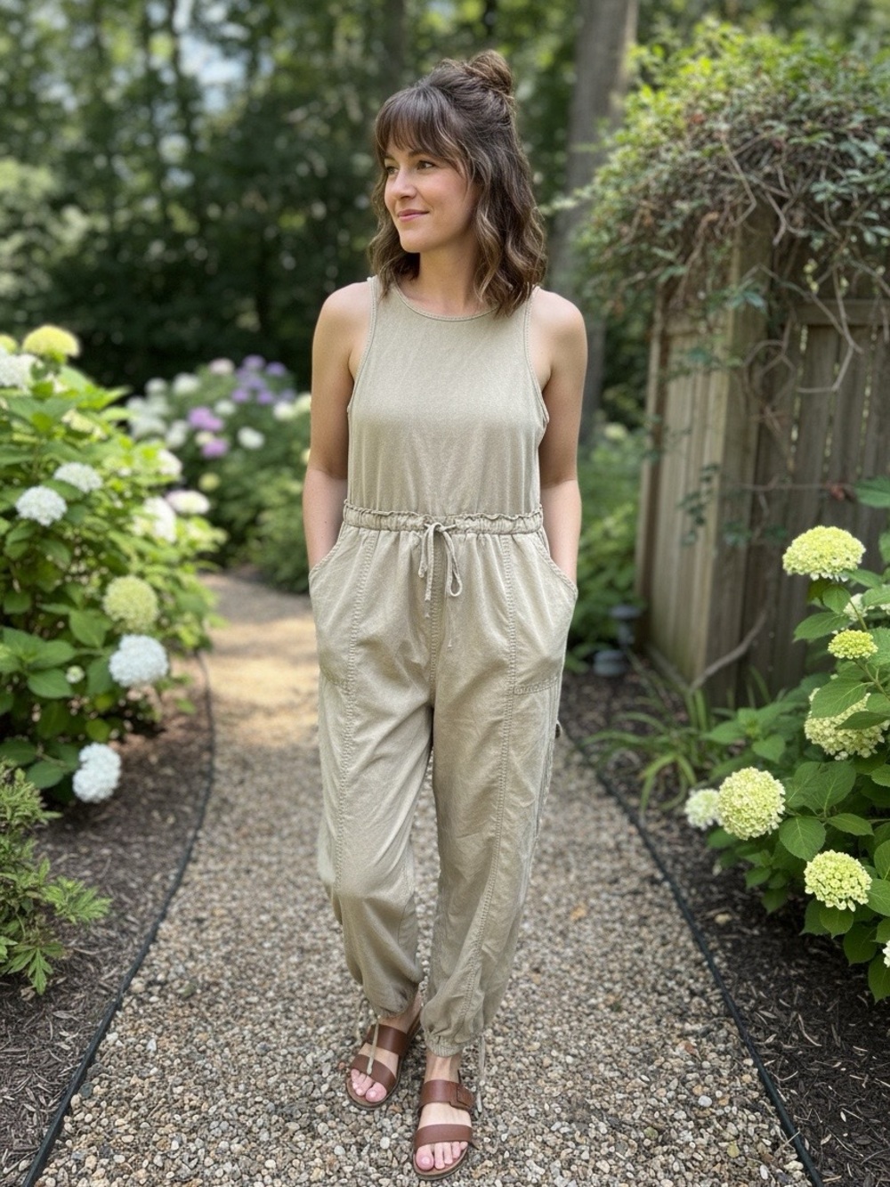Sleeveless Drawstring Jumpsuit olive cargo pocket.